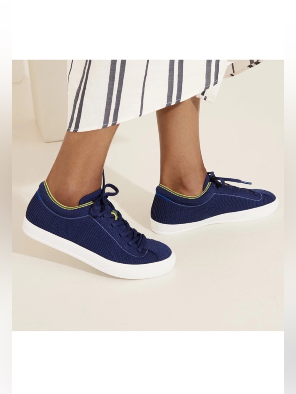 Rothy's the Lace-Up Knit Comfort Casual Sneaker in Navy with Lime Green Trim